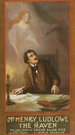 Moody sketch of a distraught man writing by candelight at a desk, with an image of a young woman and a flying bird overhead.