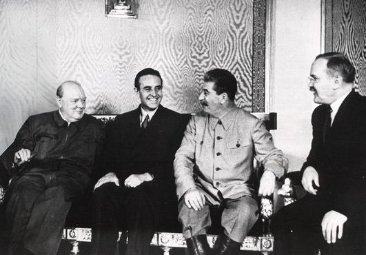 Winston Churchill, W. Averell Harriman, Joseph Stalin, and Vyacheslav Molotov at Fourth Moscow Conference, Russia, Oct 1944 (W. Averell Harriman Papers, Manuscript Division, Library of Congress, 179)