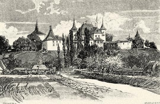 Vintage black-and-white illustration of Kornis Castle in Romania.