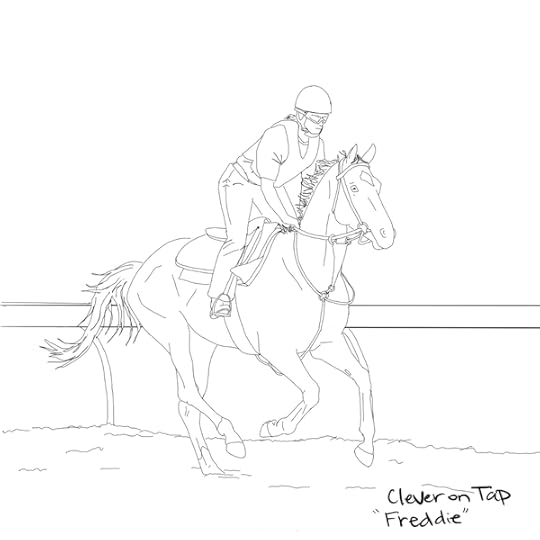 A line drawing coloring page of a racehorse galloping down the track with a rider on his back.