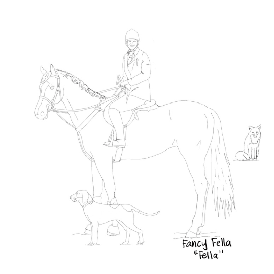 line drawing color page of a girl sitting on top of a Thoroughbred prepared for a fox hunt. A Hound is next to her and a fox laughs in the background