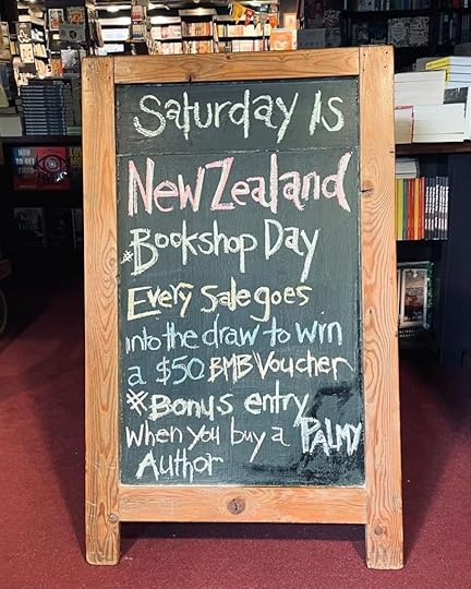 New Zealand bookshop day notice on chalkboard