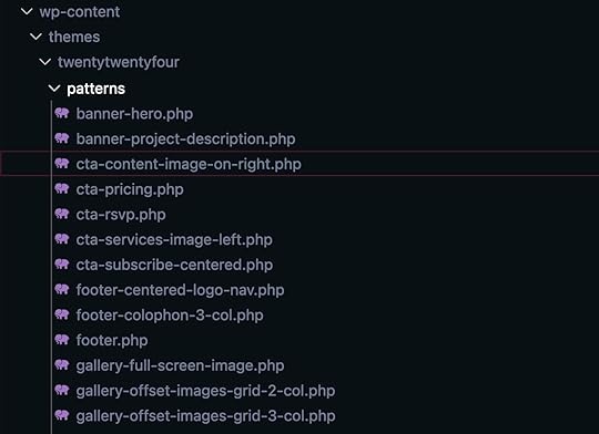 A screenshot of the PHP patterns files for a WordPress website in VS Code