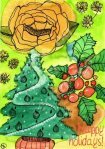 Colourful card with a light green background, an orange peony, some holly with large berries, a decorated Christmas tree, and six small flowers. The red text at the bottom right corner says