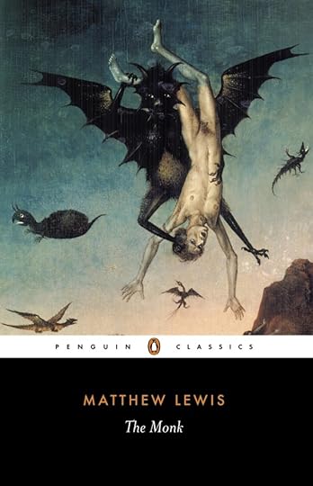 The Penguin Classics edition of The Monk by Matthew Lewis with Gothic, gruesome artwork of a demon flying off with his victim.