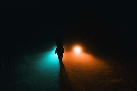 A person in shadow between different colored lights. Right and wrong have no meaning here.