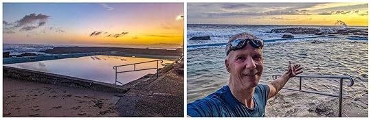 Two photos of rock pools, one calm and reflecting the sunrise, the other filled with churning water. 