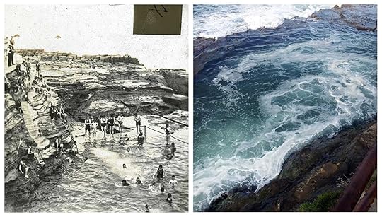 A black and white photo of Bogey Hole on the left, and Bogey Hole at full tide. 