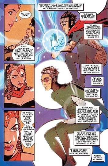 Scarlet Witch talks about her twin sons Wiccan and Speed to her therapist in the comics.