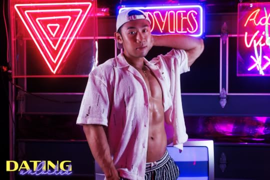A muscle bound jock stands with his shirt open in front of neon signs in Dating Unlocked