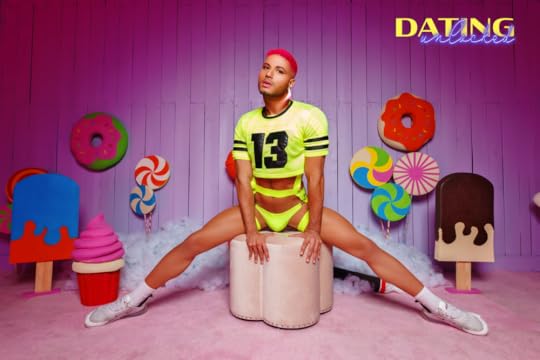 An athletic jock in yellow football gear straddles a cushion amid large candies.