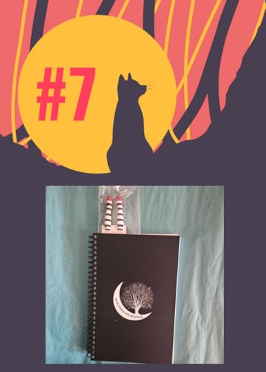 A black cat sits in front of a moon, and the journal and bookmark are displayed.