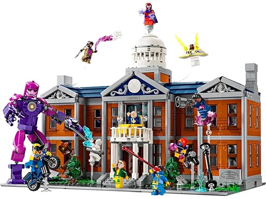LEGO X-Mansion under attack by a Sentinel robot.