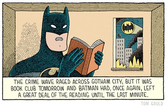 Image: a floodlight projects the image of a bat onto the sky. Buildings are aflame and clouds of smoke rise ominously. Inside his apartment, Batman reads a novel with a scowl. Caption: The crime wave raged across Gotham City, but it was book club tomorrow and Batman had, once again, left a great deal of the reading until the last minute. 