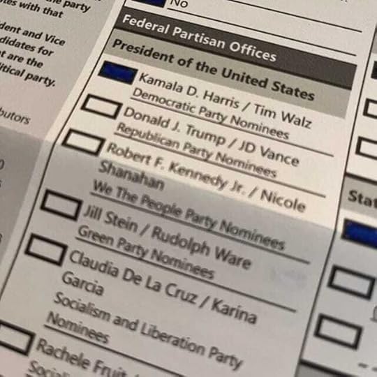 photograph of a ballot with the box next to Kamal D. Harris/ Tim Walz filled in