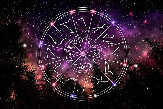 Zodiac wheel with symbols and constellation stick figure patterns against night sky