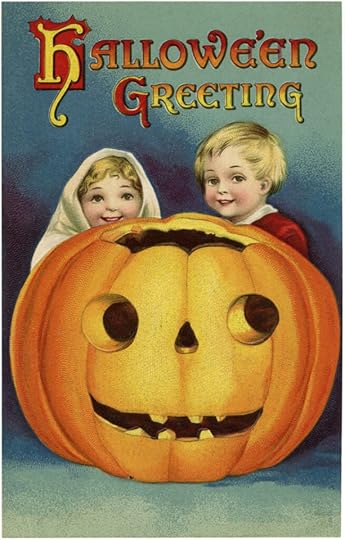 Vintage "Hallowe'en Greeting" artwork depicting two happy children behind a giant jack o'lantern.
