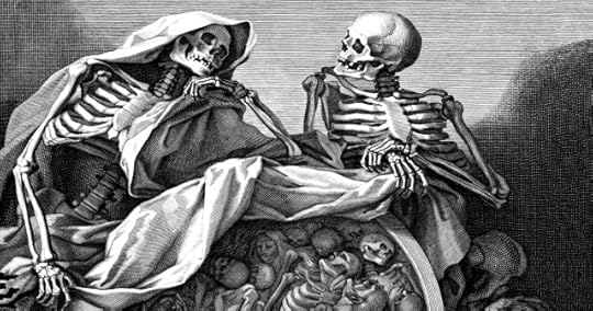 Vintage black-and-white illustration of two skeletons conversing over a pile of bones and bodies.
