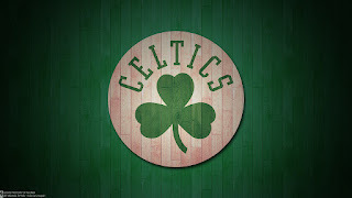Green background. In the center, a white circle. Within the circle, green lettering spells "Celtics", with a shamrock below