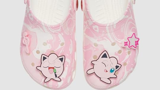 Jigglypuff Crocs with pink swirl pattern and Jigglypuff Jibbitz