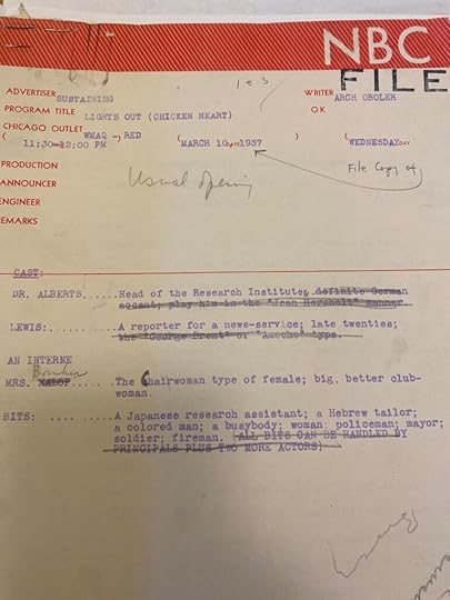 Color scan of the first page of a radio broadcast title sheet, showing Chicken Heart was broadcast on March 10, 1937, and the names and descriptions of main characters. There is a red banner stripe across the top of the page.