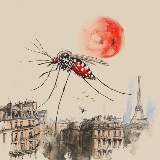 Line drawing of a mosquito in the style of Gerald Scarf, flies over Paris
