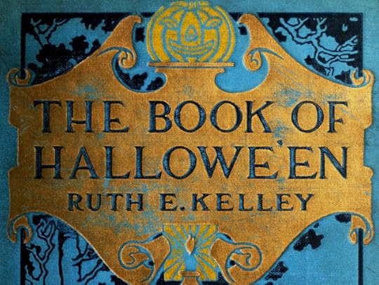 The Book of Hallowe'en vintage book cover with a jack o'lantern and gold and turquoise Gothic flourishes.