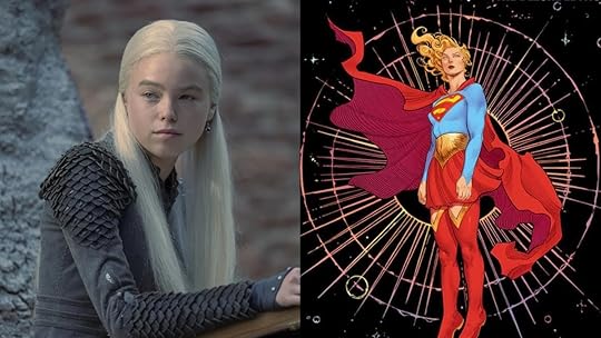 Milly Alcock in House of the Dragon (L) and an illustration of Supergirl by Bilquis Evely.