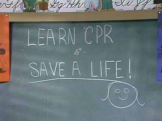Chalkboard with writing about CPR and saving a life on Punky Brewster