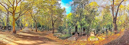 A wide-angle photo of a cemetery in Prague. 