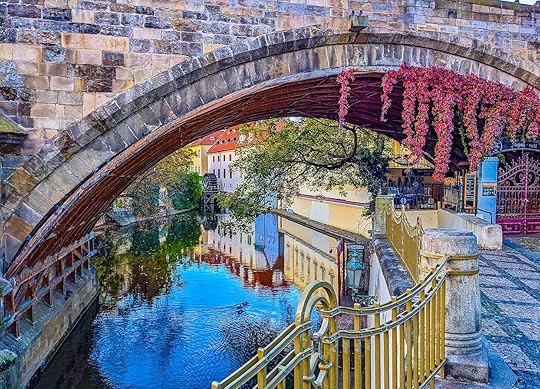 A stone bridge with red ivy hanging from it crosses a small canal. 