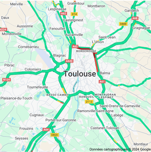 A big traffic jam has formed between Border Rouge and Balma.