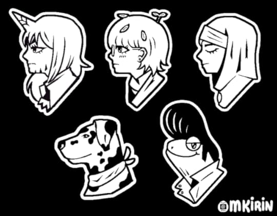An image showing five characters in profile. A dragonborn with a single horn. A druid with glasses. A cleric in nun's garb. A dog. A greaser frog who also happens to be a wizard.