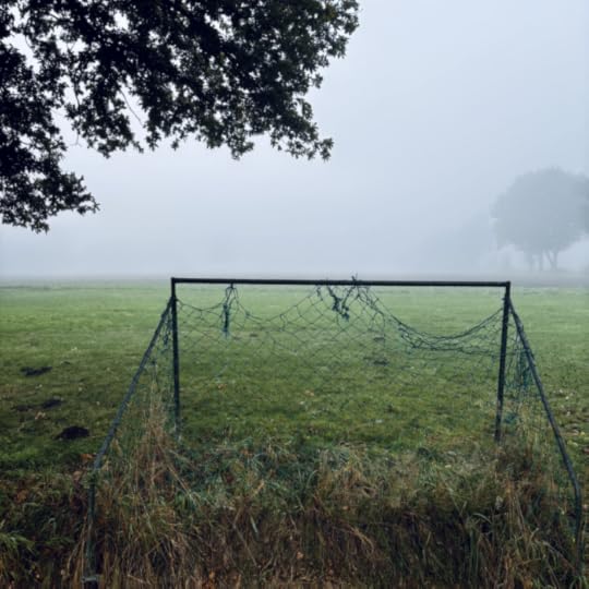 Ein Fußballtor mit zerrissenem Netz an einem Feldrand