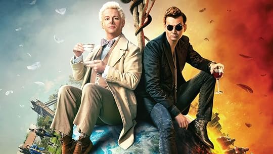 cover photo for good omens rpg game box set with aziraphale and crowley sitting on top of a burning earth