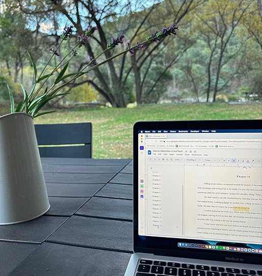 Laptop on a black table, with lavender in a potplant next to the laptop. There is a bush landscape in the background.