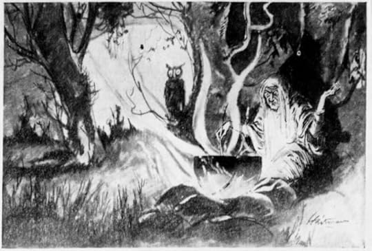 Black-and-white newspaper art depicting a menacing, Gothic figure at a cauldron in the woods with an owl watching.
