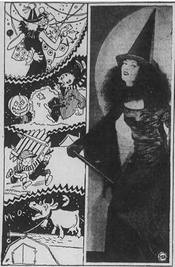 Black-and-white newspaper artwork. On the left-hand side are exaggerated comic representations of Halloween with, among other figures, smiling jack-o'-lanterns, and on the right-hand side is a more realistic image of a beautiful witch.