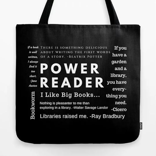 Bookish Tote bag with library quotes - black with white text.