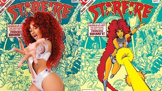 Megan Thee Stallion's Starfire Halloween costime (L) and George Perez's original Starfire from DC Comics (R)