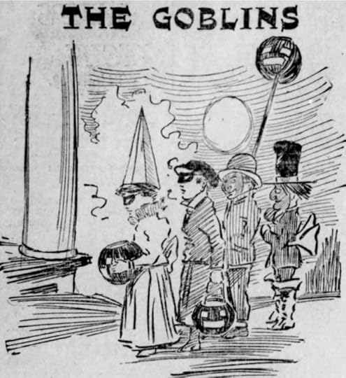 In black-and-white newspaper artwork, "The Goblins" depicts children in various Halloween costumes trick-or-treating.