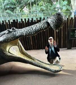 Author inside a giant model crocodile