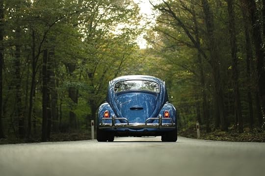 Blue VW bettle driving through a dark forest