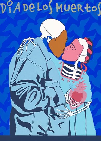 A deep blue print shows a side view of a couple kissing. Part of their bodies are skeletal and others not.