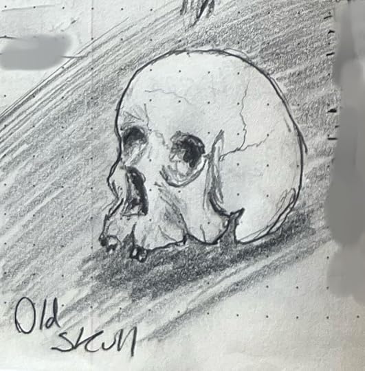 A pencil sketch of an old human skull.