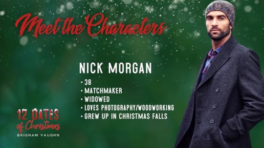 Green background with snow. Guy wearing wcharcoal overcoat and beanie. Text saying Meet the Characters. Nick Morgan, 38, matchmaker, widowed, loves photography/woodworking, grew up in Christmas Falls