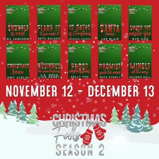 Red snow background with cartoon trees. Christmas Falls Season 2 November 12- December 13