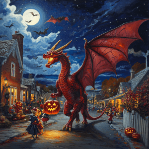 Red dragon carrying a jack-o-lantern candy bag and trick-or-treating with children on a suburban street at night.