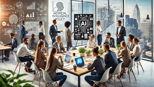 AI generated graphic showing modern office implementing artificial intelligence policy