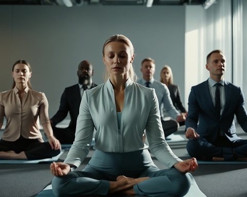 group of business people sat meditating in an office together